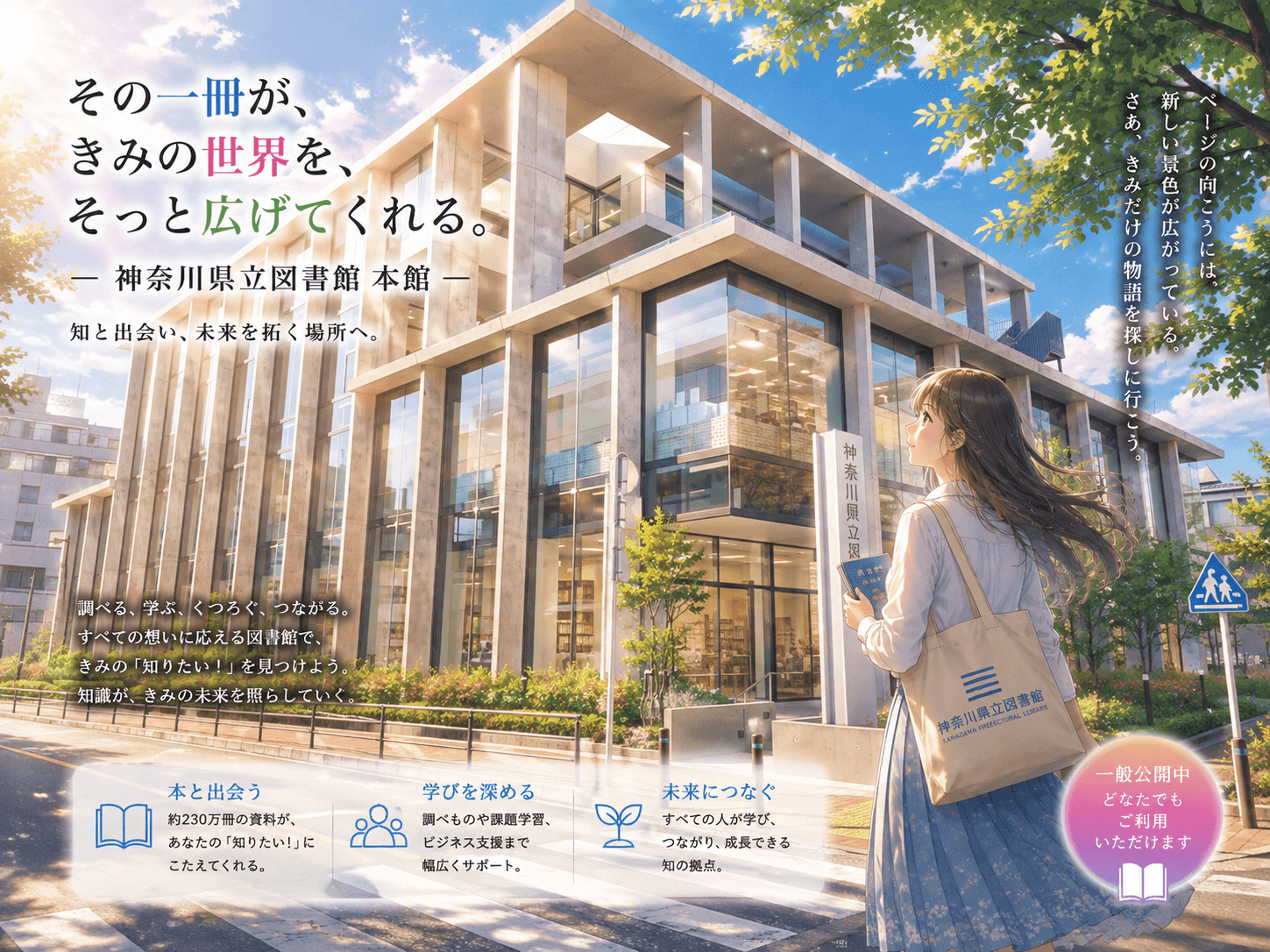 神奈川県立図書館本館の外観イメージ(AIによるイラスト)