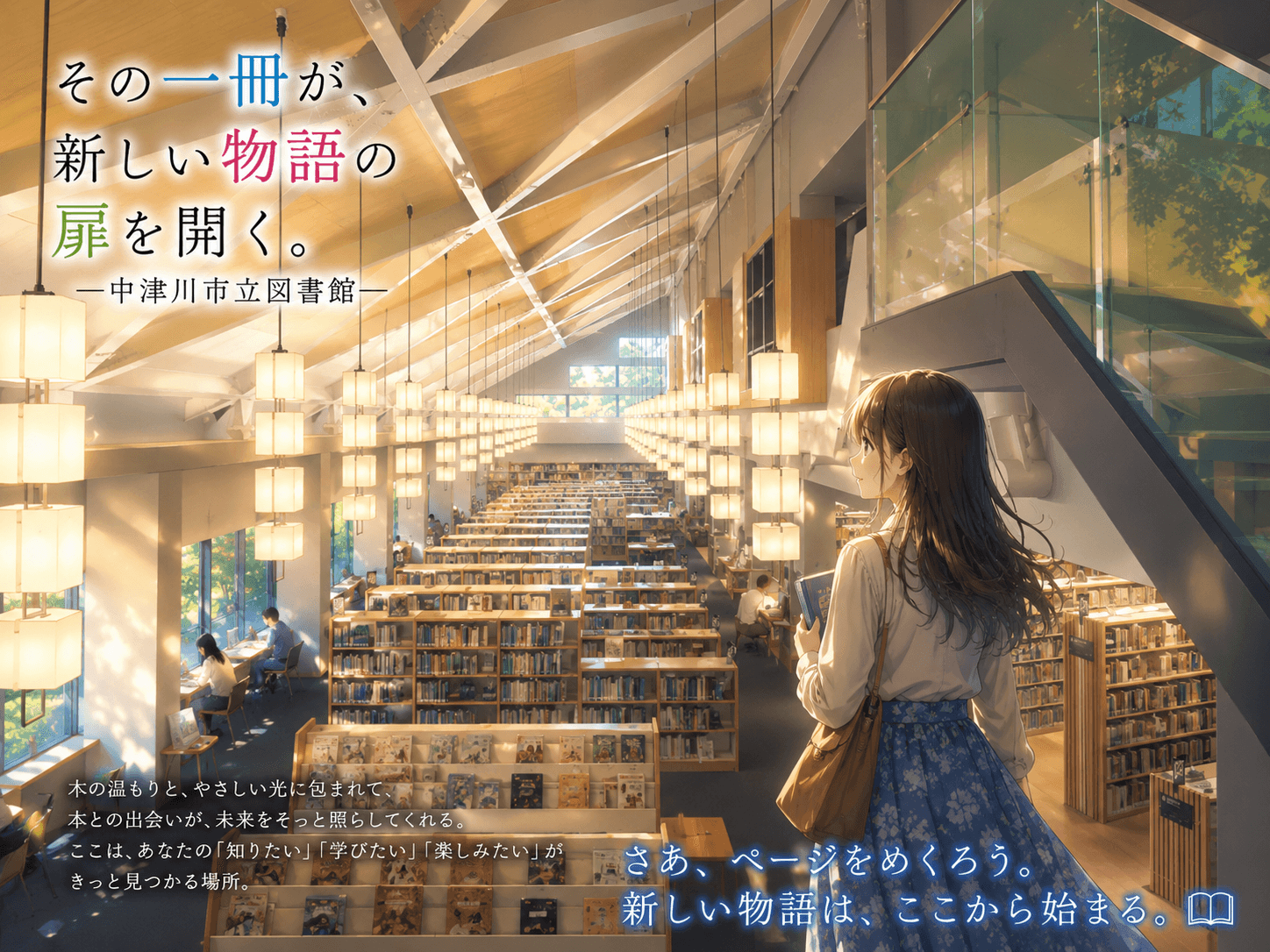 ヒノキ材の温かみある家具が並ぶ中津川市立図書館のイメージ
