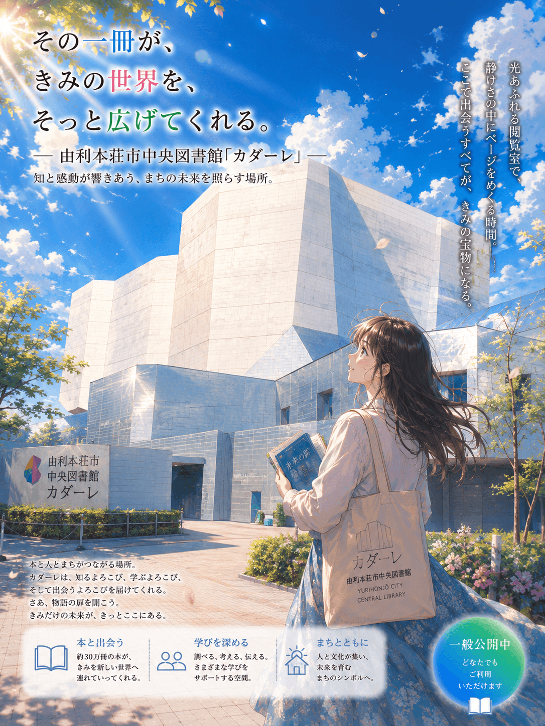 由利本荘市中央図書館カダーレの外観イメージ(AIによるイラスト)